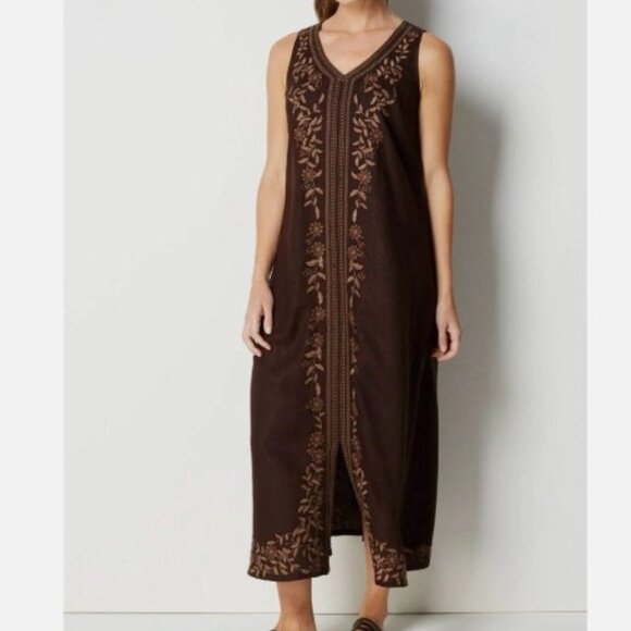 J Jill Pure Jill Dark Brown Linen Embroidered Maxi Large Petite - Picture 1 of 16